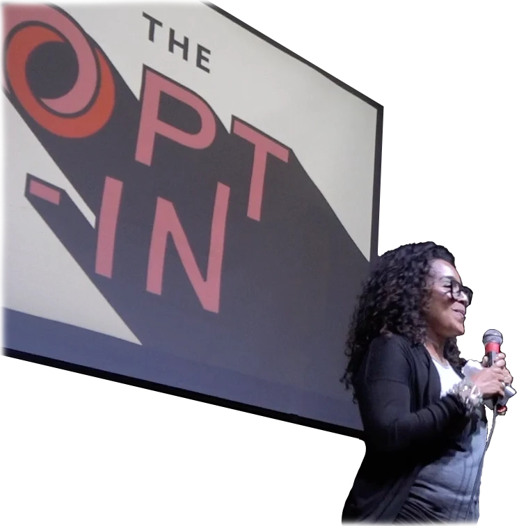 The Opt-In CEO Aurora Archer presents on stage
